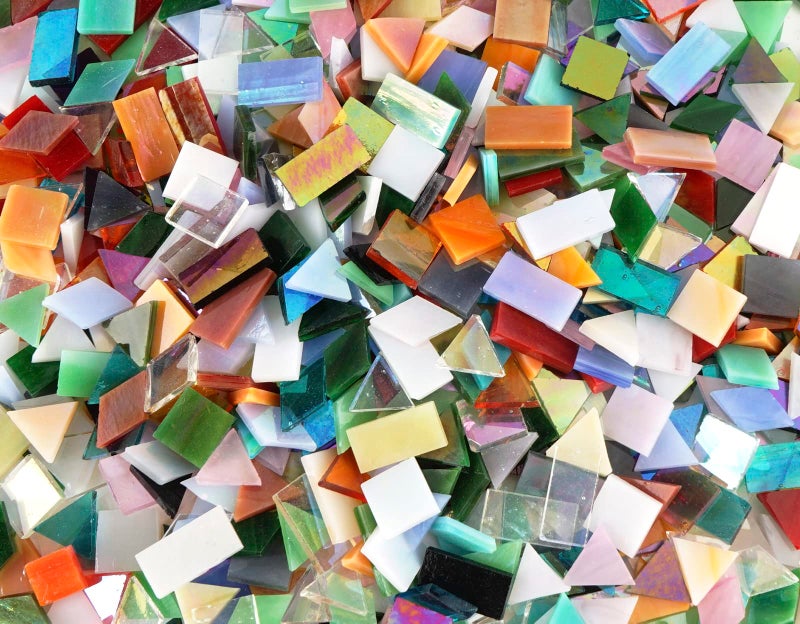 Lanyani Iridescent Glass Mosaic Tiles Bulk, 4-Shapes 700 Pieces Sparkle Iridized Stained Glass Tile for Mosaic Crafts - Image 1