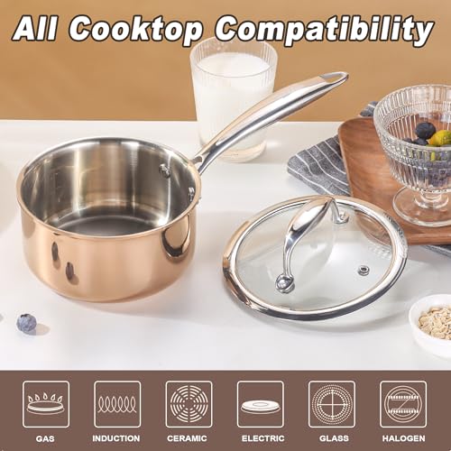KC-Emier 1-Quart Saucepan with Lid, Tri-Ply Stainless Steel Pot with Stay-Cool Handle & All Cooktop Compatibility (Gas, Ceramic, Electric) - Copper - Image 3