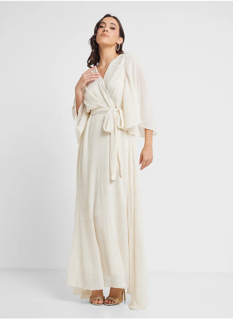 كشخة Crush Pleated Wrap Dress with Pearl Embellishment (VNT1010)