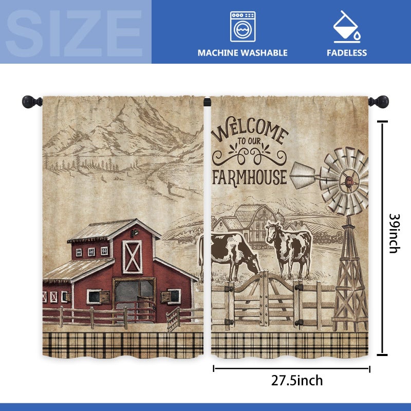 Kalmico Farmhouse Farm Rustic Vintage Kitchen Curtains 27.5W x 39L Inch Country Cow Barn Buffalo Checked Windmill Rod Pocket Short Cafe Laundry Small Window Treatment Drapes Decor 2 Panels - Image 3