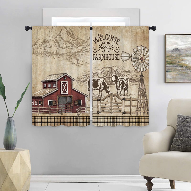 Kalmico Farmhouse Farm Rustic Vintage Kitchen Curtains 27.5W x 39L Inch Country Cow Barn Buffalo Checked Windmill Rod Pocket Short Cafe Laundry Small Window Treatment Drapes Decor 2 Panels - Image 2