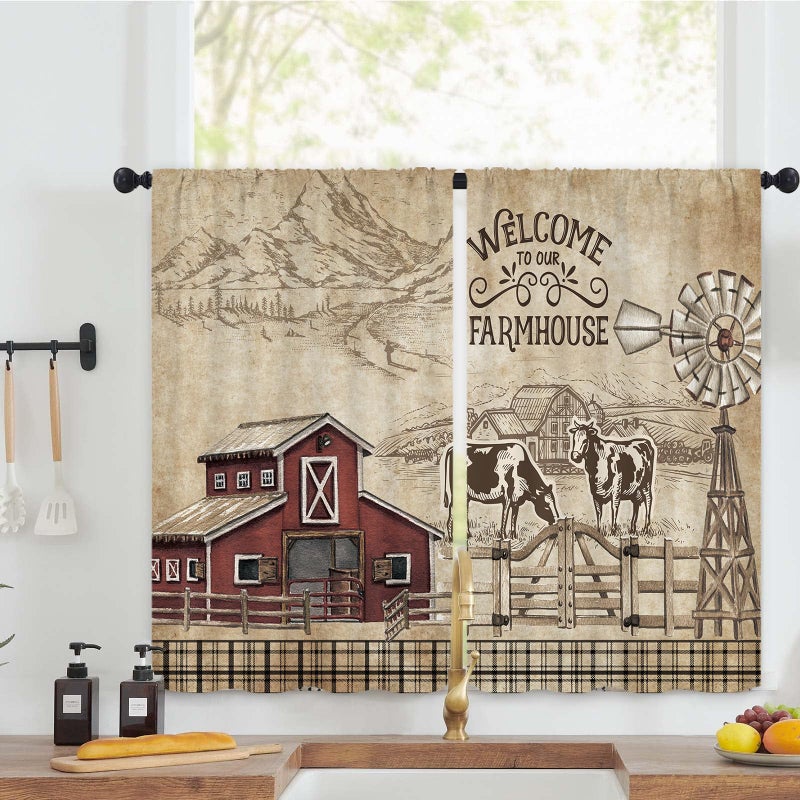 Kalmico Farmhouse Farm Rustic Vintage Kitchen Curtains 27.5W x 39L Inch Country Cow Barn Buffalo Checked Windmill Rod Pocket Short Cafe Laundry Small Window Treatment Drapes Decor 2 Panels - Image 1