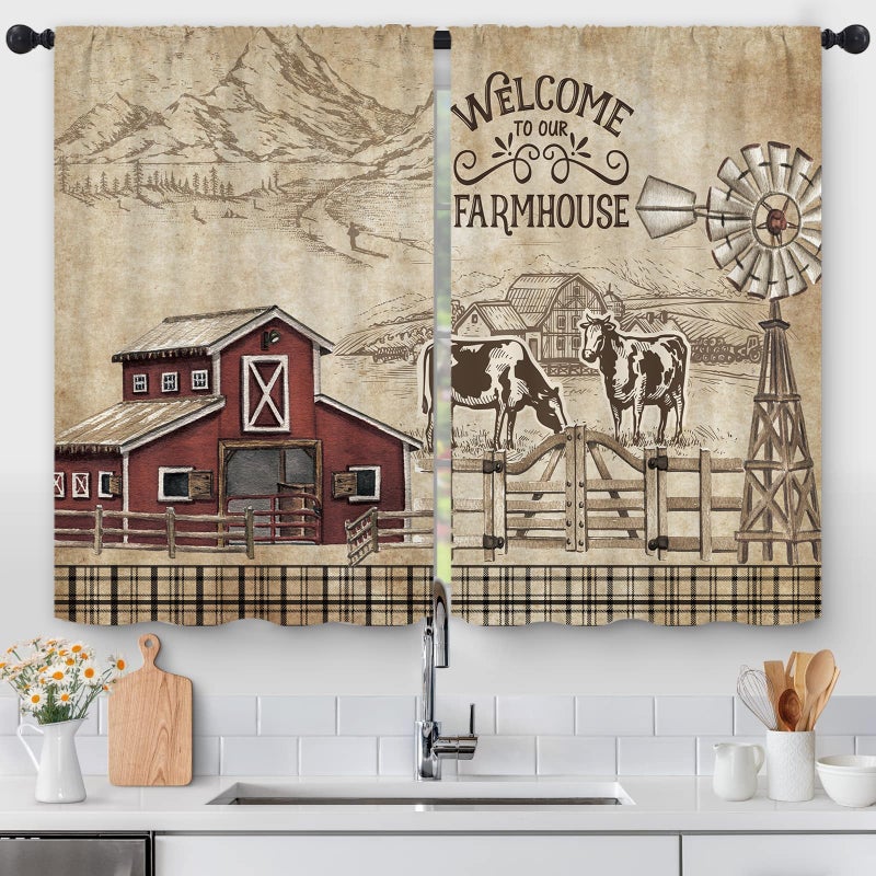 Kalmico Farmhouse Farm Rustic Vintage Kitchen Curtains 27.5W x 39L Inch Country Cow Barn Buffalo Checked Windmill Rod Pocket Short Cafe Laundry Small Window Treatment Drapes Decor 2 Panels - Image 4