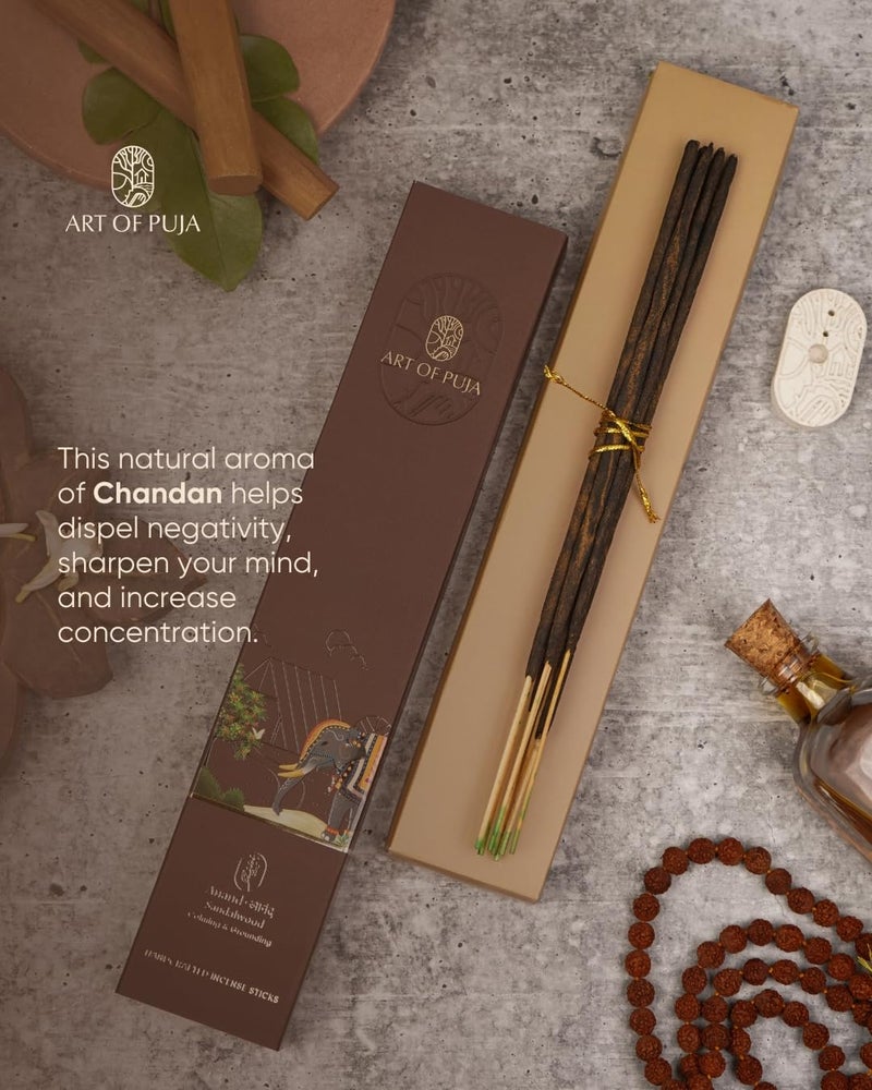 ART OF PUJA Sandalwood Handcrafted Incense – 30 Agarbatti Stick | 1 Hr Burning Time, 2+ Hr Fragrance Retention | Rich Chandan Aroma | Free Agarbatti Holder | Incense Sticks for Home - Image 4