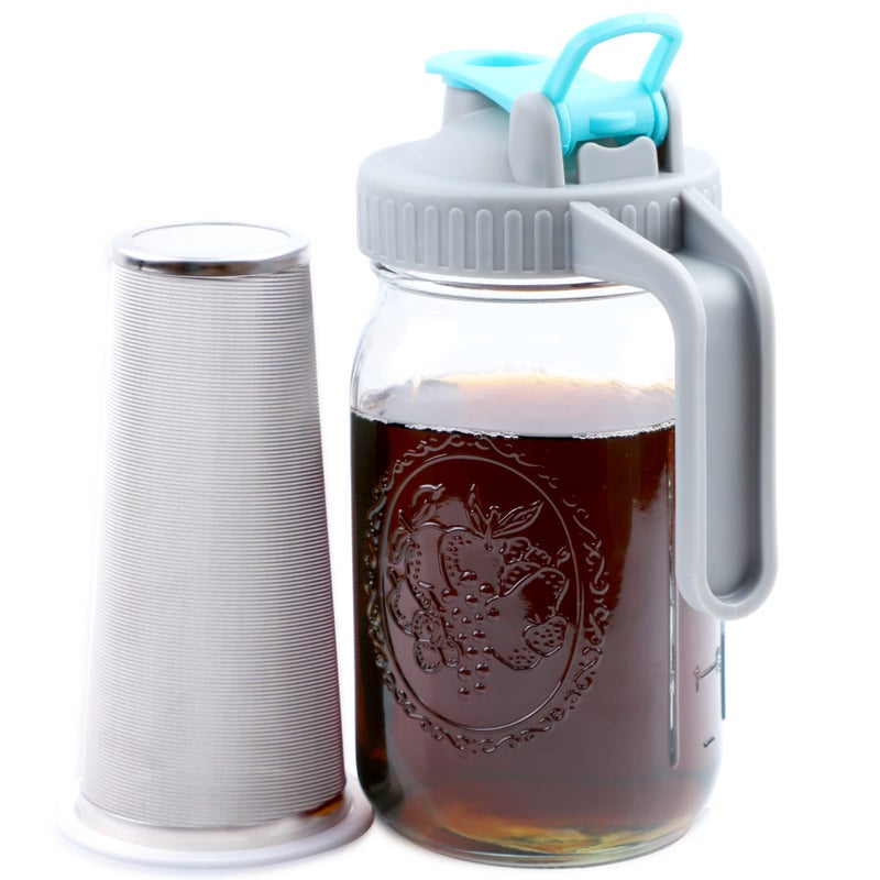 GMSWEET Mason Jar Cold Brew Coffee Maker 32 OZ Wide Mouth Cold Brew Pitcher With Brewer Filter For Coffee Iced Tea Sun Tea Lemonade