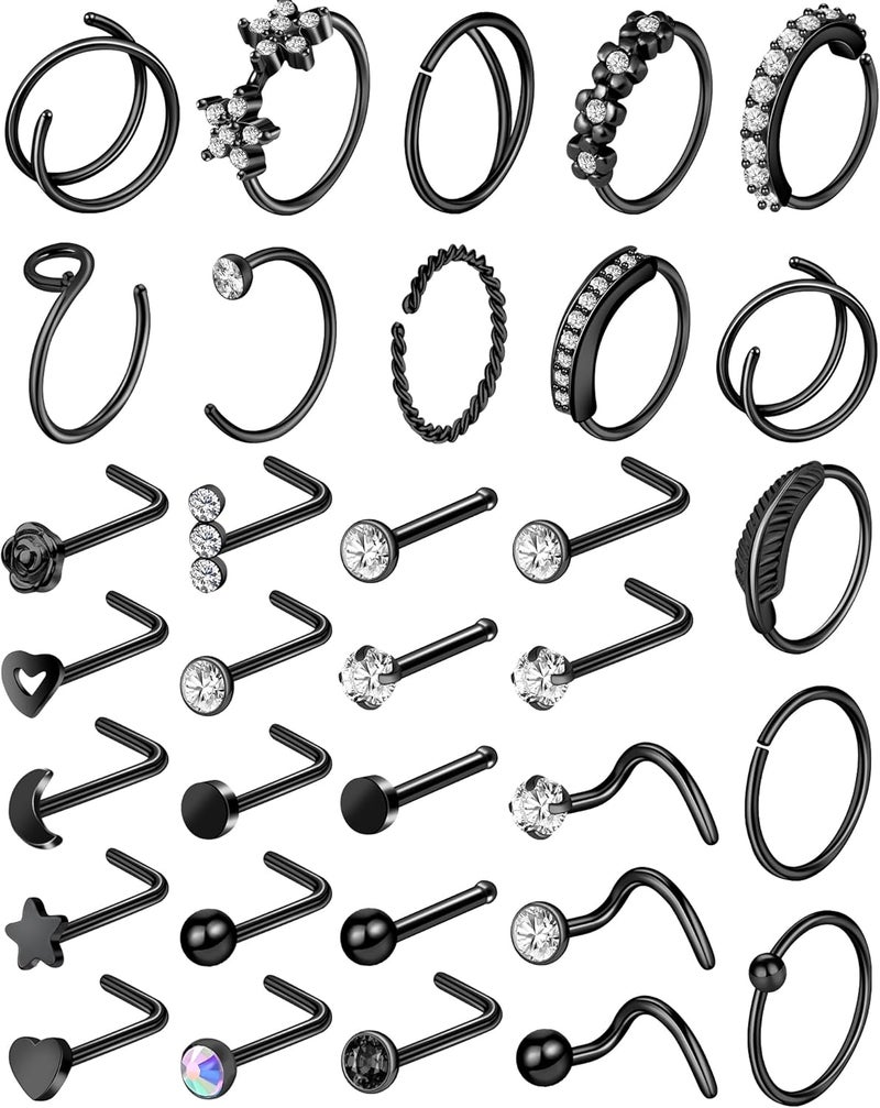 ONESING 9-40 Pcs Nose Rings - Hoops, Studs & L Shape - Hypoallergenic Stainless Steel Nose Piercings for Women & Men - Image 1