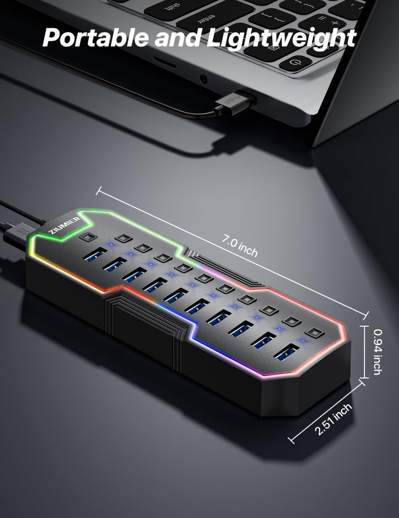ZIUMIER Powered USB Hub, 10 Ports USB 3.0 Hub with RGB LED Strip and 12V/2A Power Adapter USB Extension,Individual LED On/Off Switches for Mac, PC, Desktop, Flash Drive, Mobile HDD - Image 5