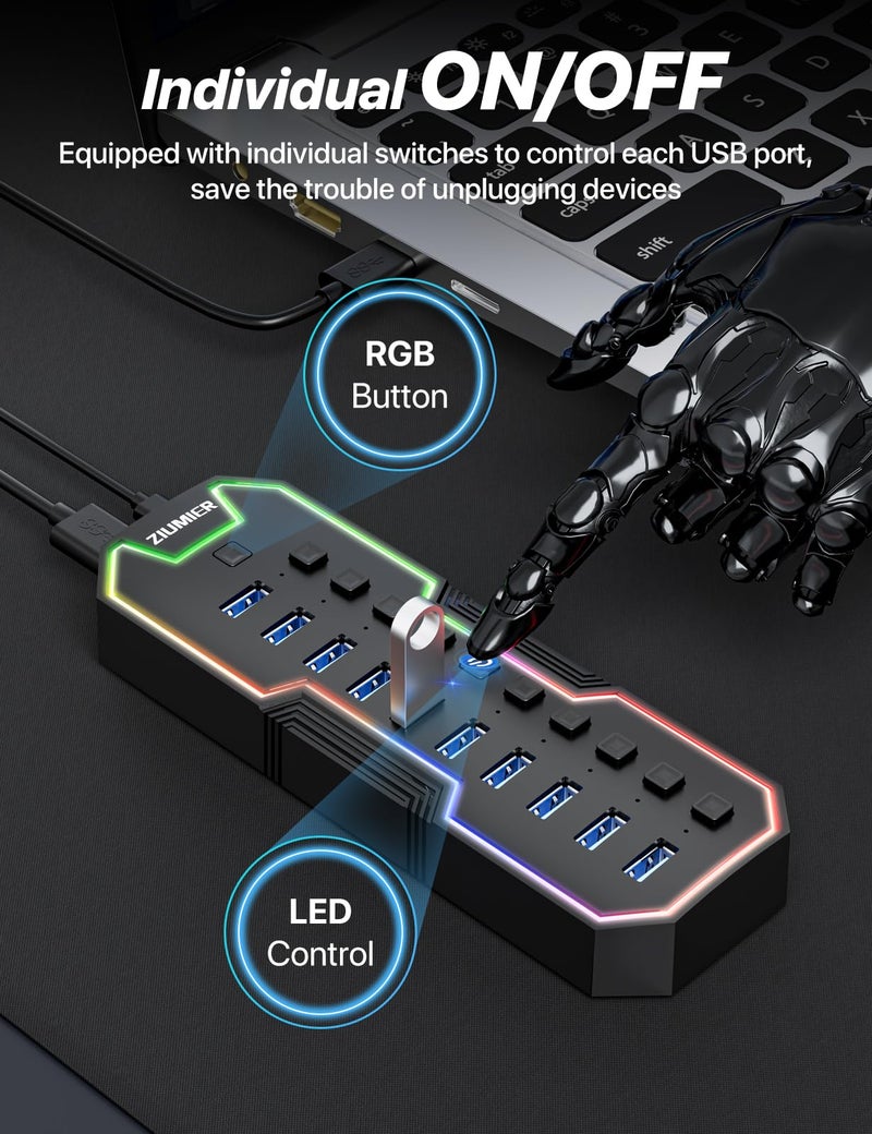 ZIUMIER Powered USB Hub, 10 Ports USB 3.0 Hub with RGB LED Strip and 12V/2A Power Adapter USB Extension,Individual LED On/Off Switches for Mac, PC, Desktop, Flash Drive, Mobile HDD - Image 3