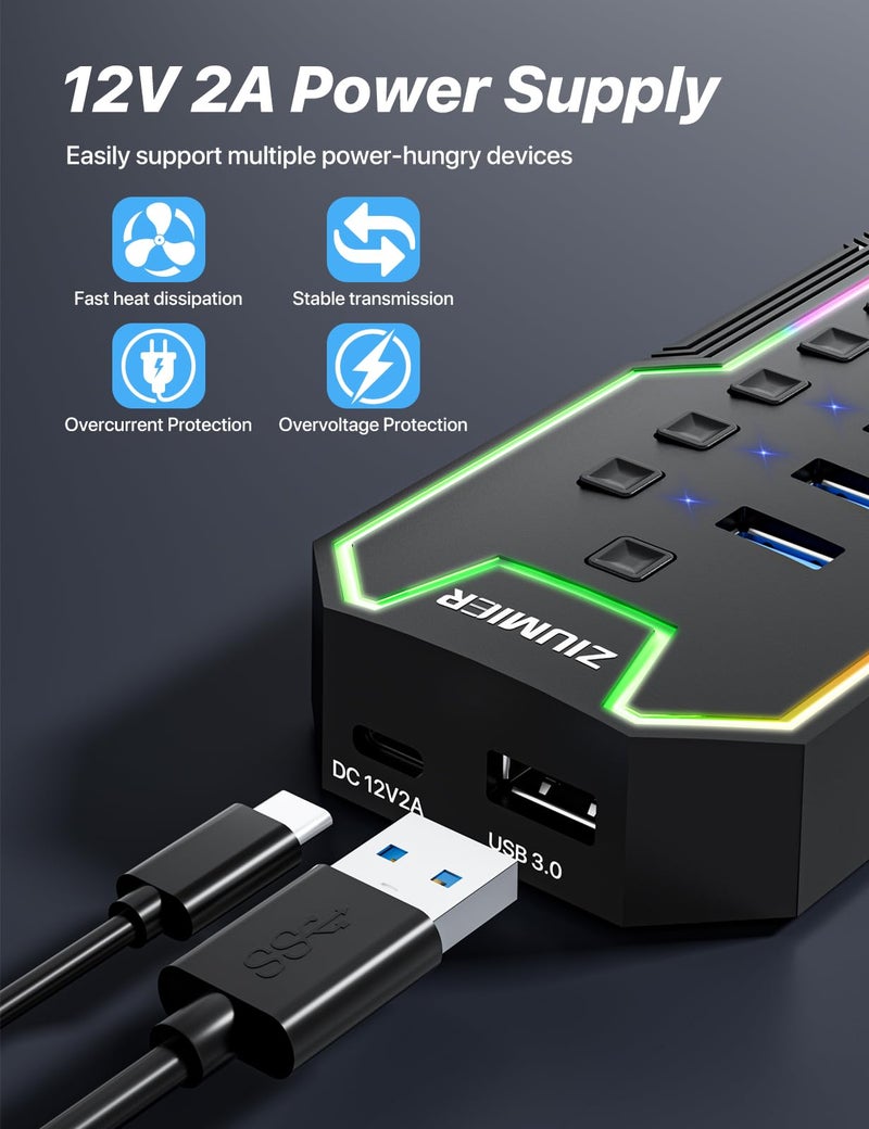 ZIUMIER Powered USB Hub, 10 Ports USB 3.0 Hub with RGB LED Strip and 12V/2A Power Adapter USB Extension,Individual LED On/Off Switches for Mac, PC, Desktop, Flash Drive, Mobile HDD - Image 4