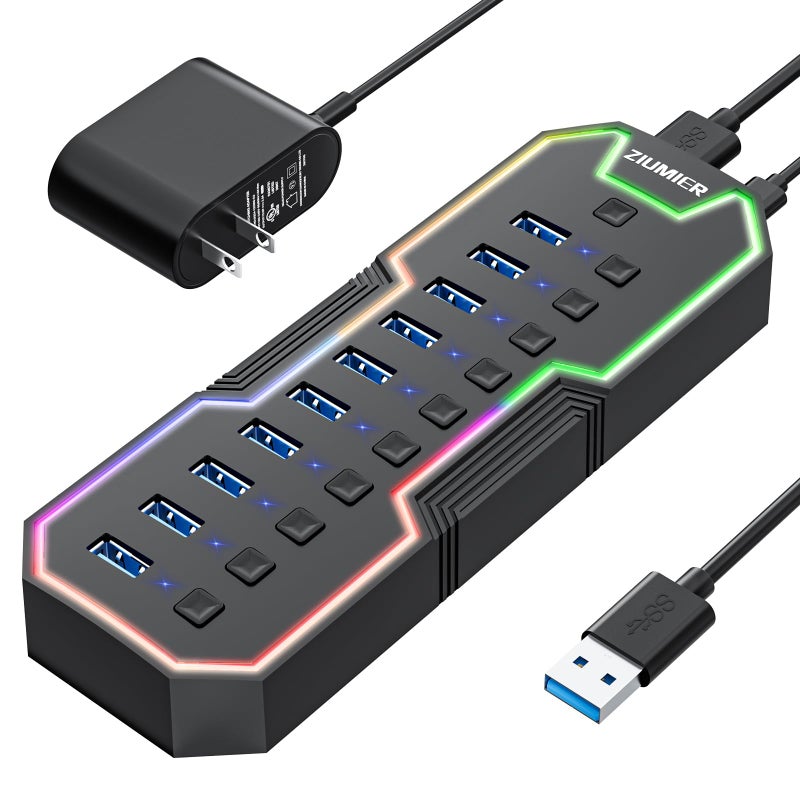 ZIUMIER Powered USB Hub, 10 Ports USB 3.0 Hub with RGB LED Strip and 12V/2A Power Adapter USB Extension,Individual LED On/Off Switches for Mac, PC, Desktop, Flash Drive, Mobile HDD - Image 1