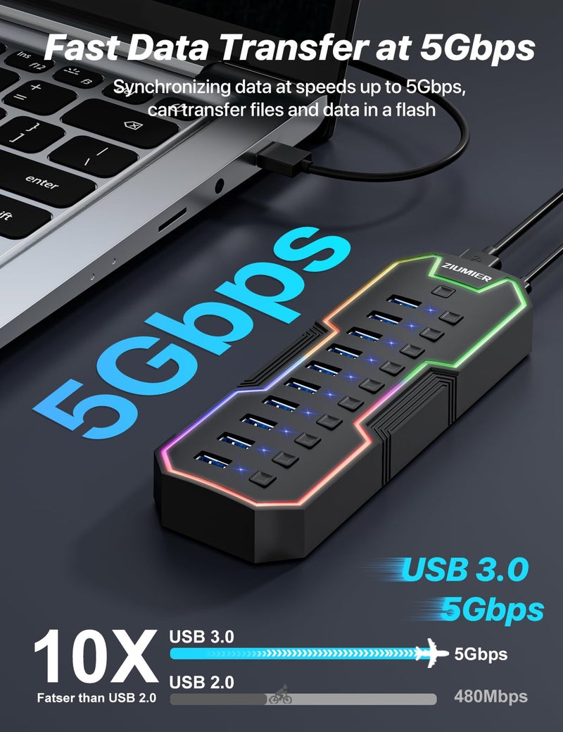 ZIUMIER Powered USB Hub, 10 Ports USB 3.0 Hub with RGB LED Strip and 12V/2A Power Adapter USB Extension,Individual LED On/Off Switches for Mac, PC, Desktop, Flash Drive, Mobile HDD - Image 2