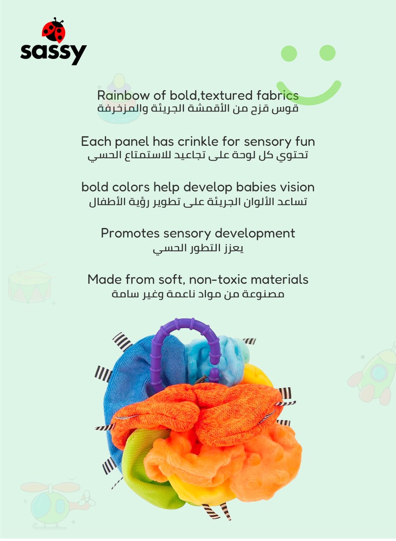 Sassy Sassy Crinkle Ball Sensory Toy - Soft Textured Fabric, Crinkling Sound, Easy Grip Ring, Stimulates Touch & Hearing - Developmental Baby Toy for 3+ Months  - Image 3