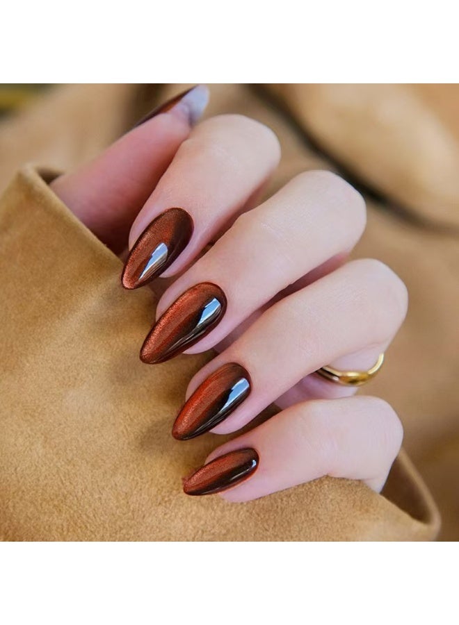 THEMIDI. Cat Eye Amber Red Press On Nails Almond Shape Glossy Gradient Artificial Nails Set Full Cover Fake Nails Reusable Stick On Nails Soft Gel Acrylic Nail Kit Elegant Minimalist Nails For Women Daily Wear Office Wedding Eid Party Salon Style Long Lasting Damage Free Nails - Image 1