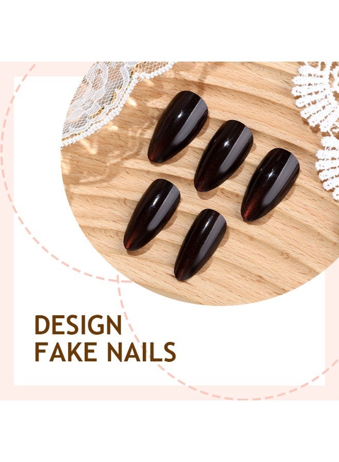 THEMIDI. Cat Eye Amber Red Press On Nails Almond Shape Glossy Gradient Artificial Nails Set Full Cover Fake Nails Reusable Stick On Nails Soft Gel Acrylic Nail Kit Elegant Minimalist Nails For Women Daily Wear Office Wedding Eid Party Salon Style Long Lasting Damage Free Nails - Image 3