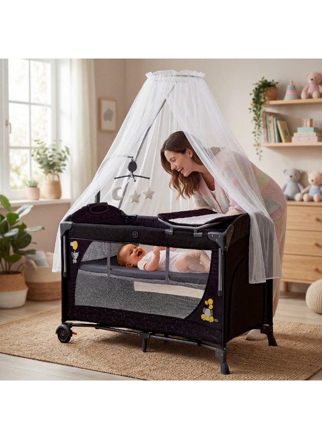 Cool Baby 2-Level Foldable Baby Travel Cot Bedside Sleeper with Mosquito Net, Diaper Changer, Music Bell & Soundproof Wheels – Portable Playard - Image 1