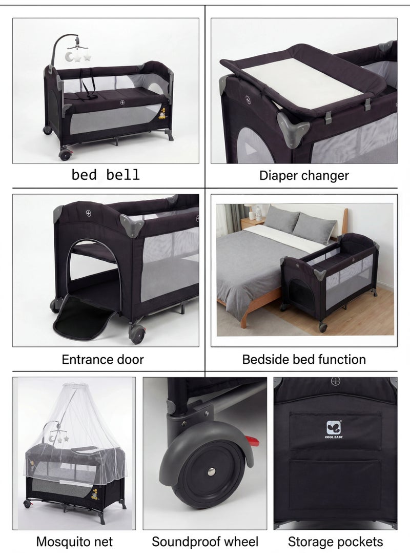 Cool Baby 2-Level Foldable Baby Travel Cot Bedside Sleeper with Mosquito Net, Diaper Changer, Music Bell & Soundproof Wheels – Portable Playard - Image 2