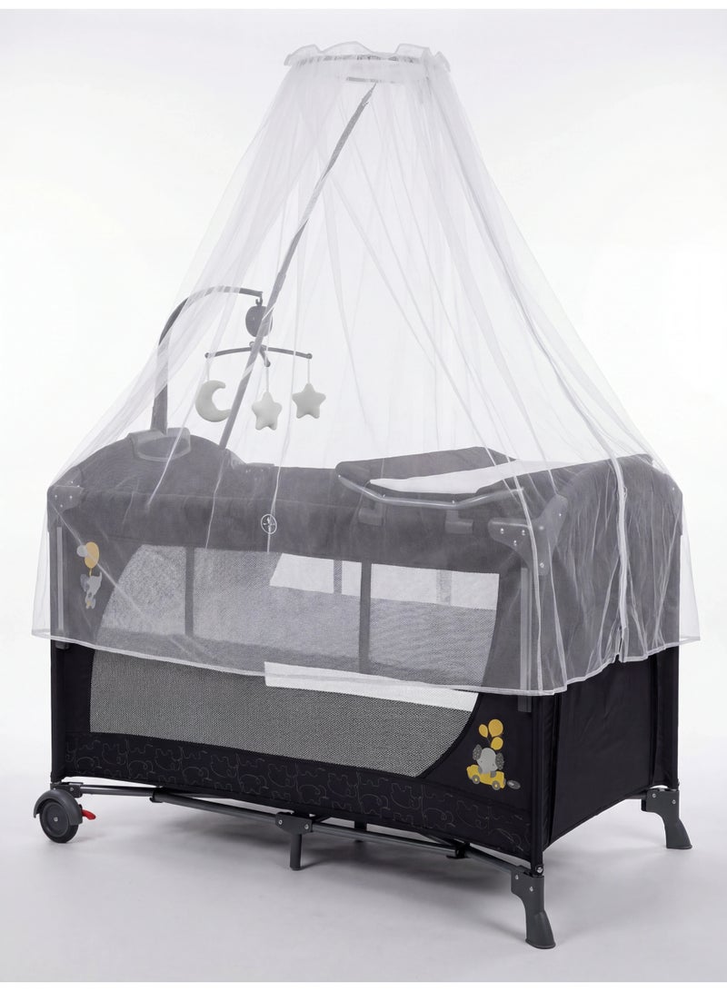 Cool Baby 2-Level Foldable Baby Travel Cot Bedside Sleeper with Mosquito Net, Diaper Changer, Music Bell & Soundproof Wheels – Portable Playard - Image 5