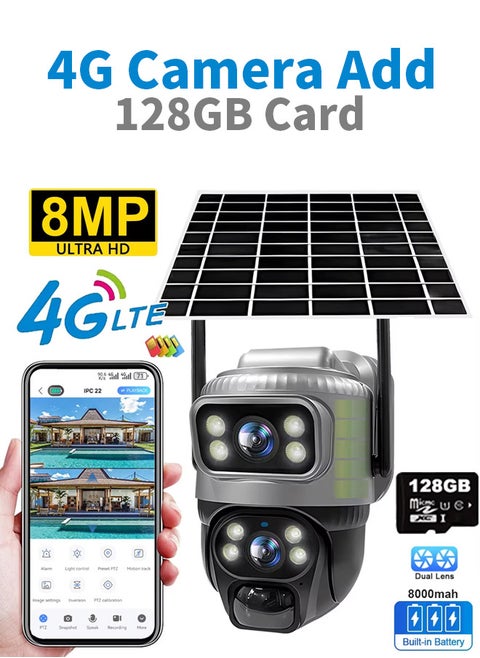 كاميرا خارجية تعمل بالطاقة الشمسية 4G، كاميرا للأمن المنزلي مقاومة للماء، مستشعر حركة بشري PIR، كاميرا إنذار تدور 360 درجة، رؤية ليلية ملونة، محادثة في اتجاهين، تسجيل في جميع الأحوال الجوية (تتضمن بطاقة 128 جيجابايت)