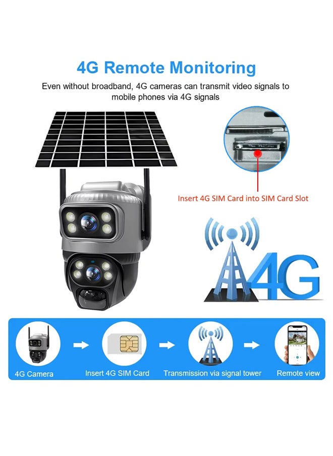 كاميرا خارجية تعمل بالطاقة الشمسية 4G، كاميرا للأمن المنزلي مقاومة للماء، مستشعر حركة بشري PIR، كاميرا إنذار تدور 360 درجة، رؤية ليلية ملونة، محادثة في اتجاهين، تسجيل في جميع الأحوال الجوية (تتضمن بطاقة 128 جيجابايت)