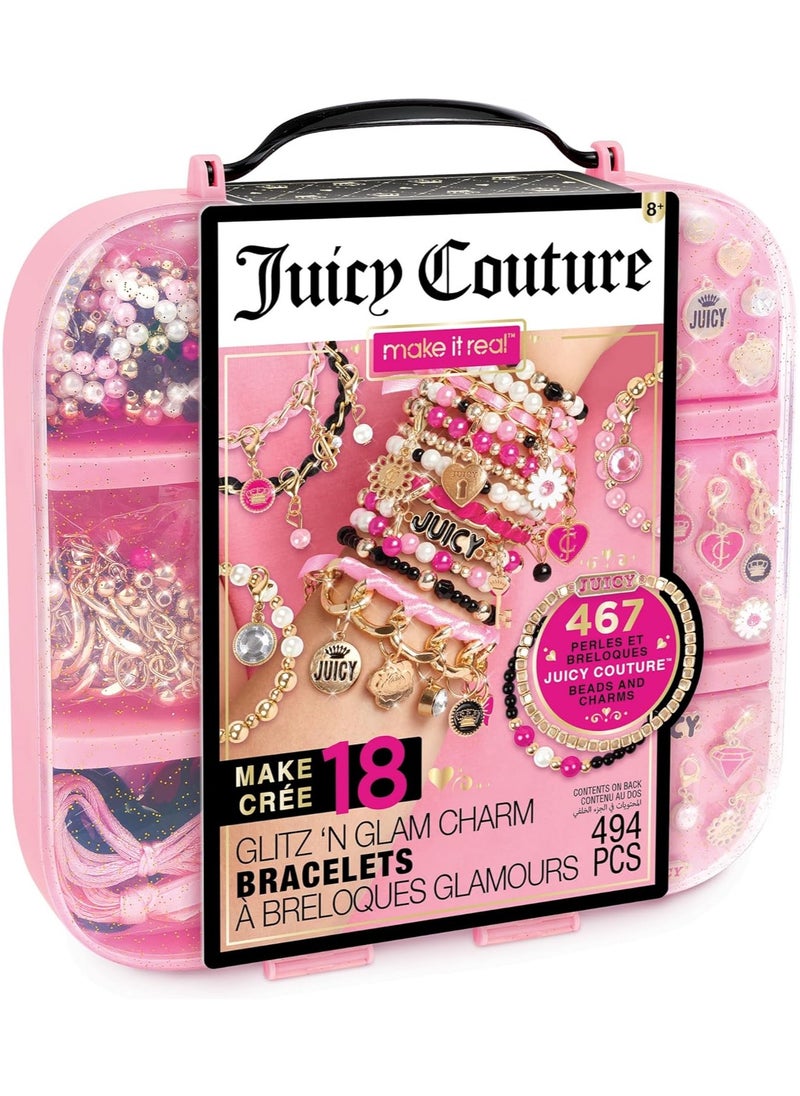 Make It Real Make It Real Juicy Couture: Glitz ‘N Glam Charm Bracelets - 494pc DIY Kit, Design & Create 18 Cord & Ribbon Bracelets, Bead Jewelry, Storage Case, Girls & Kids 8+  - Image 1