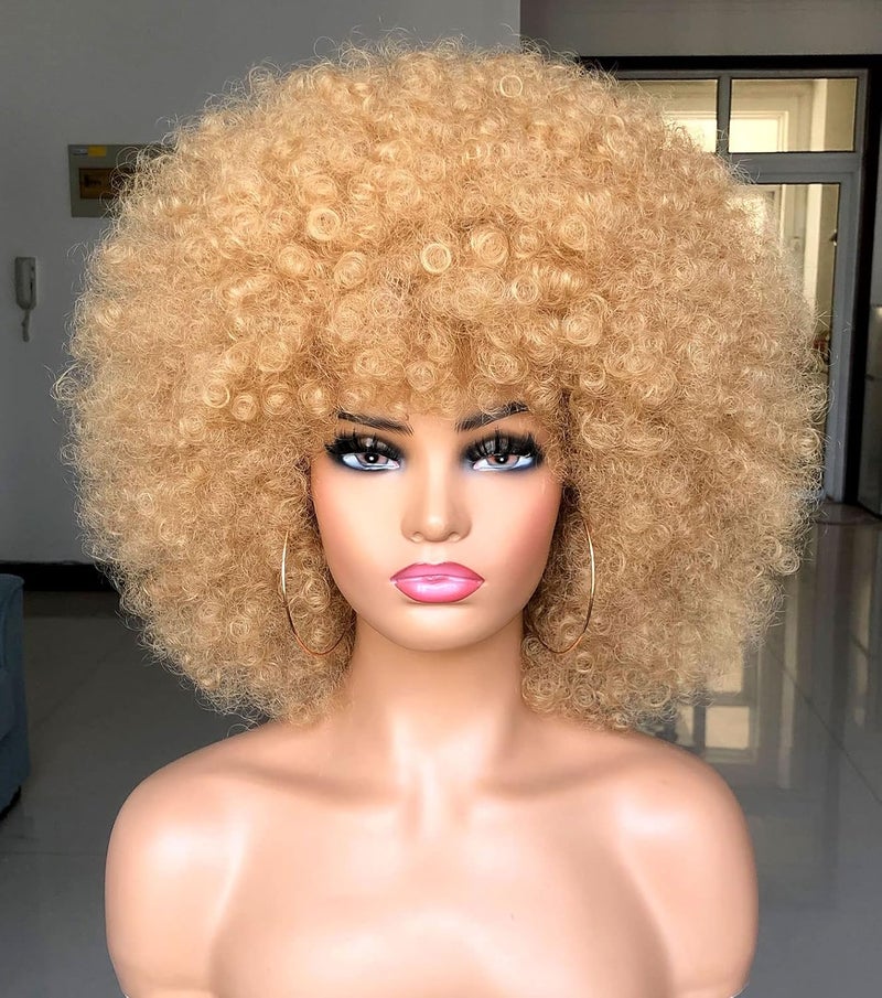 Short Afro Wig with Bangs for Black Women Afro Kinky Curly Wig 70s Premium Synthetic Big Afro WigBlonde