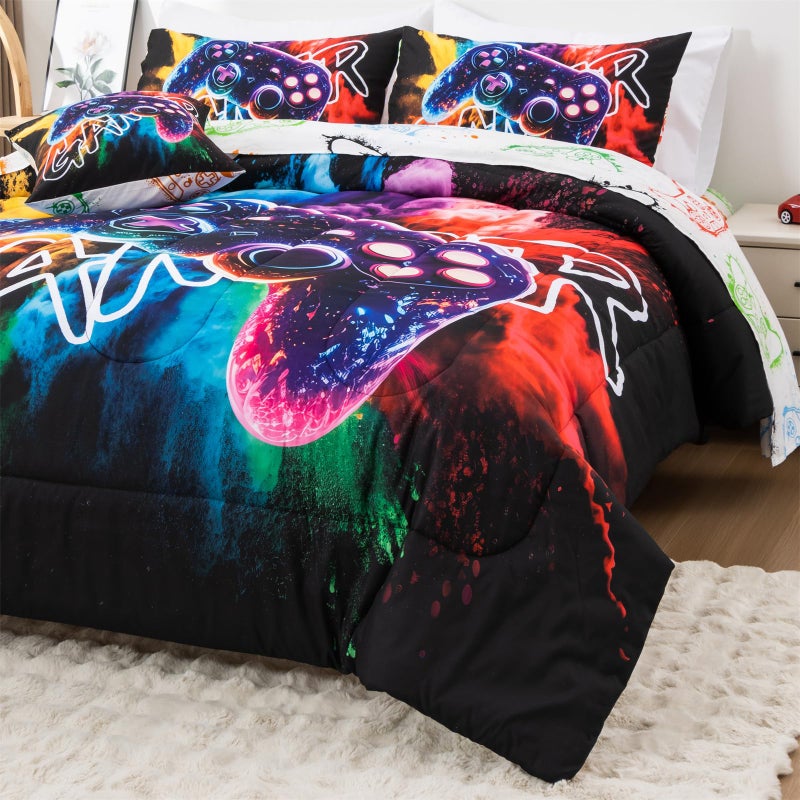 Aimuan Gamer Gaming Bedding Sets 3D Gamepad Comforter Sets for Boys Games Console Action Buttons Novelty Colorful Game Controller Modern Room Decor Home Quilt Set (Black-Purple, Twin 6PCS) - Image 5