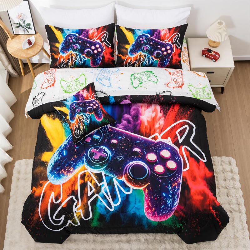 Aimuan Gamer Gaming Bedding Sets 3D Gamepad Comforter Sets for Boys Games Console Action Buttons Novelty Colorful Game Controller Modern Room Decor Home Quilt Set (Black-Purple, Twin 6PCS) - Image 3