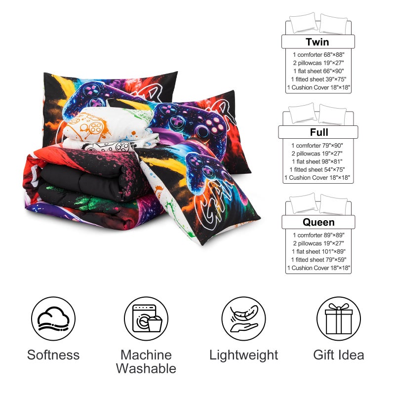 Aimuan Gamer Gaming Bedding Sets 3D Gamepad Comforter Sets for Boys Games Console Action Buttons Novelty Colorful Game Controller Modern Room Decor Home Quilt Set (Black-Purple, Twin 6PCS) - Image 4