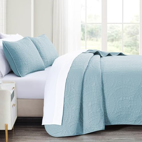 akkialla Queen Quilt Bedding Set,Sky Blue Ultrasonic Full/Queen Quilt Set,Lightweight Soft Bedspread Coverlet,Modern Style Coin Pattern Bed Cover for All Seasons,3 Piece(1 Quilt,2 Pillow Shams) - Image 4