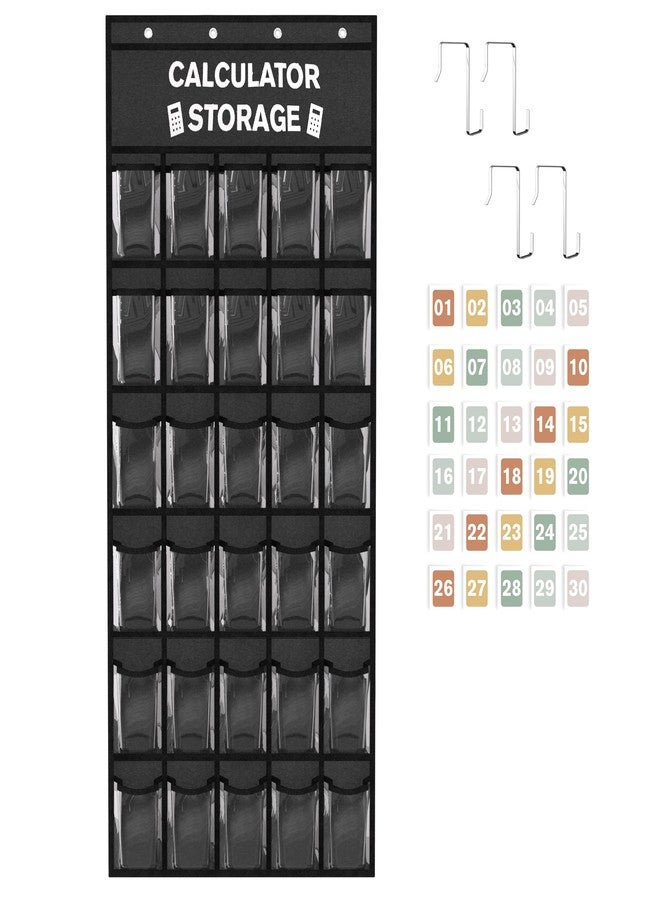 Loghot 30-Pocket Calculator Holder for Classroom, Hanging Calculator Pocket Chart with Clear PVC Pockets & Numbered Stickers, Calculator Storage Organizer for Classroom, Exam Room (Black Back-Black Border) - Image 1
