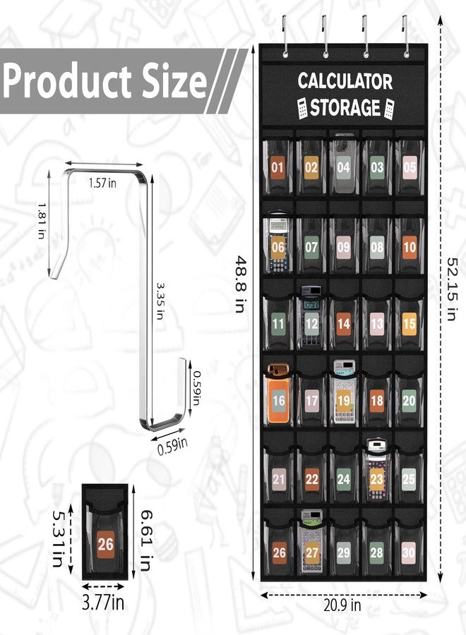 Loghot 30-Pocket Calculator Holder for Classroom, Hanging Calculator Pocket Chart with Clear PVC Pockets & Numbered Stickers, Calculator Storage Organizer for Classroom, Exam Room (Black Back-Black Border) - Image 3