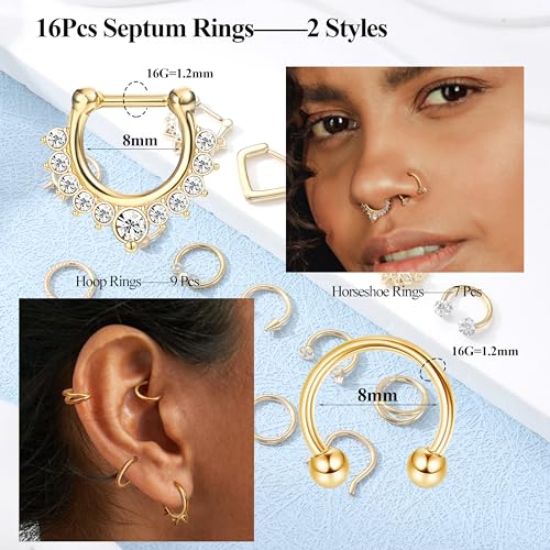 Besteel Hypoallergenic Gold Septum Rings 16G 8mm Surgical Steel Clicker Nose Rings Hoops Set Small Lip Cartilage Helix Daith Piercing Jewelry for Women Men 16 Pcs - Image 2