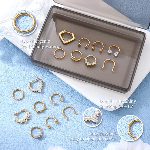 Besteel Hypoallergenic Gold Septum Rings 16G 8mm Surgical Steel Clicker Nose Rings Hoops Set Small Lip Cartilage Helix Daith Piercing Jewelry for Women Men 16 Pcs - Image 5