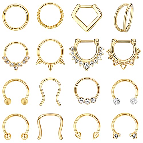 Besteel Hypoallergenic Gold Septum Rings 16G 8mm Surgical Steel Clicker Nose Rings Hoops Set Small Lip Cartilage Helix Daith Piercing Jewelry for Women Men 16 Pcs - Image 1