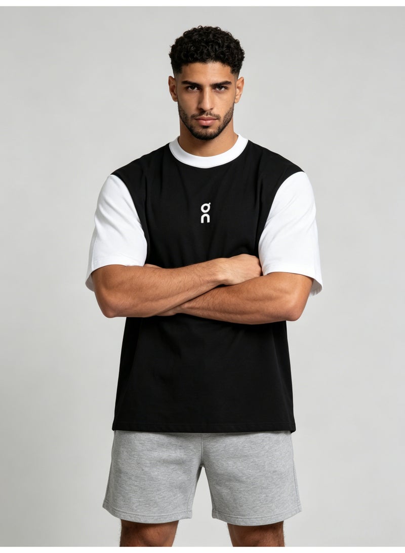 اون راننج On Running black and white stitching fake two-piece T-shirt loose breathable cotton sports trend round neck short-sleeved shirt - Image 1