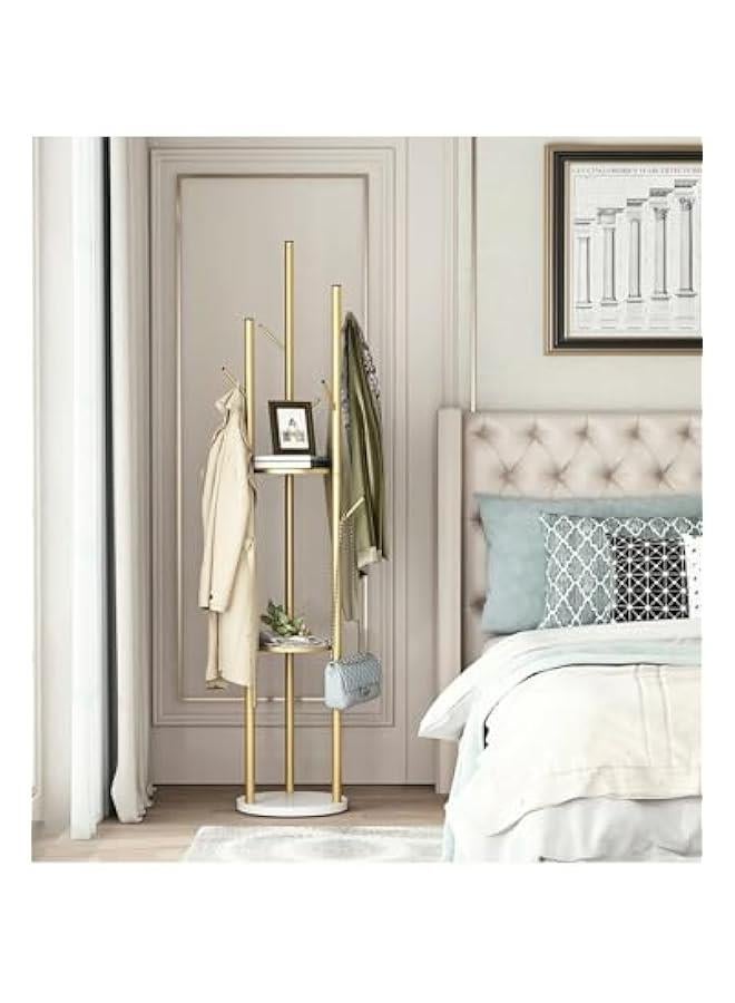 HOOKOR Metal Gold Coat Racks Freestanding, Coat Hanger Stand, Hall Tree Coat Rack for Hanging Hats, Scarves, Bags, Modern Coat Rack with Double Shelves, Corner Coat Rack, 9 Hooks (gold) - Image 4