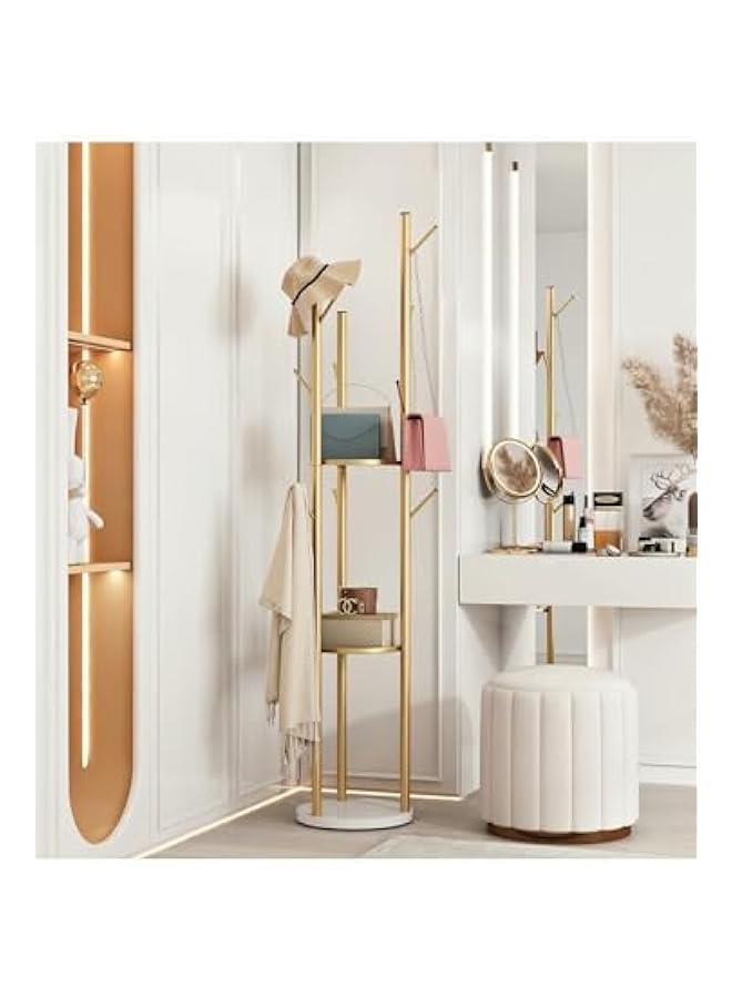 HOOKOR Metal Gold Coat Racks Freestanding, Coat Hanger Stand, Hall Tree Coat Rack for Hanging Hats, Scarves, Bags, Modern Coat Rack with Double Shelves, Corner Coat Rack, 9 Hooks (gold) - Image 2