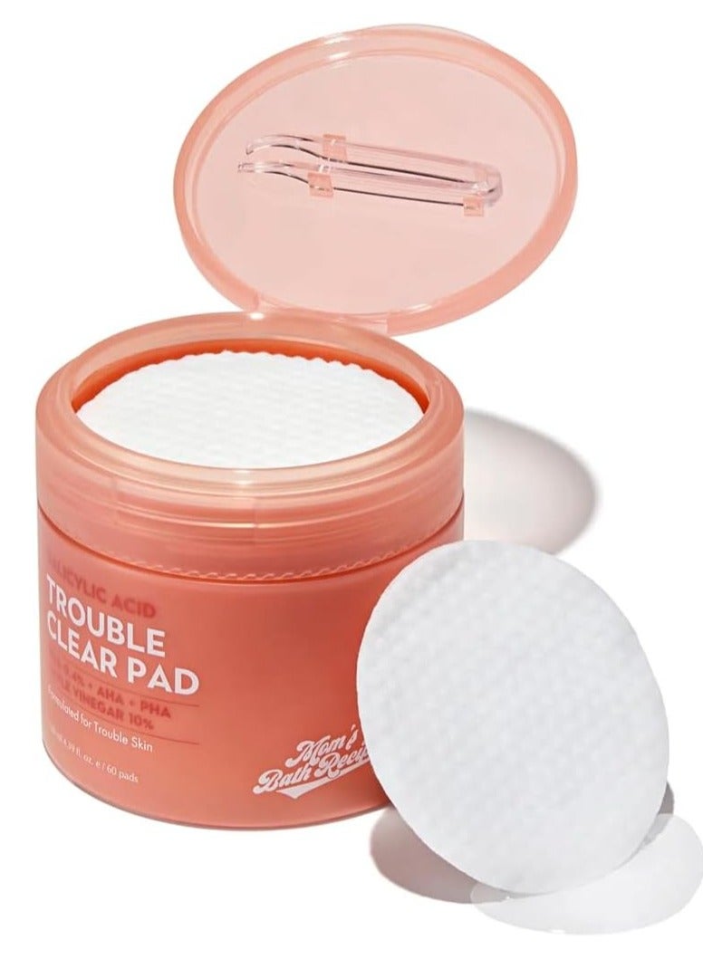 Moms Bath Recipe 60pcs Korean Salicylic Acid Trouble Clear Pad - AHA BHA PHA Exfoliating Face Pads for Acne & Oily Skin - Removes Blackheads, Whiteheads & Clogged Pores - Image 1