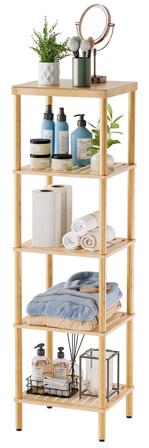 AmazerBath 5Tier Bamboo Bathroom Shelf Bathroom Standing Shelves Multifunctional Shelving Unit for Living Room Bedroom Kitchen Natural Color