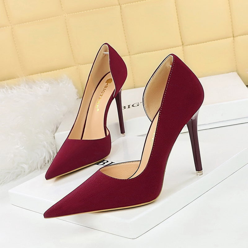 1298-8 Simple Banquet High Heels, Stiletto Heels, Shallow Mouth, Pointed Toe, Side Cut Out, Retro Pebbled High-Heeled Shoes - Image 2