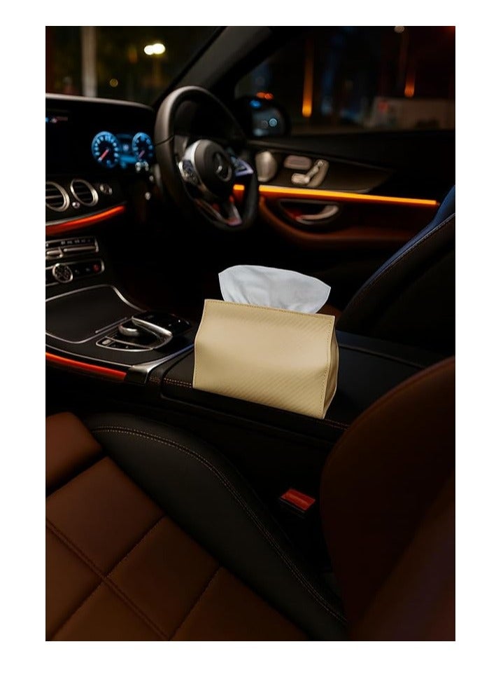 Luxury Leather Car Tissue Holder - Stylish and Versatile with Magnetic Closure (Beige Carbon Fiber) - Image 1