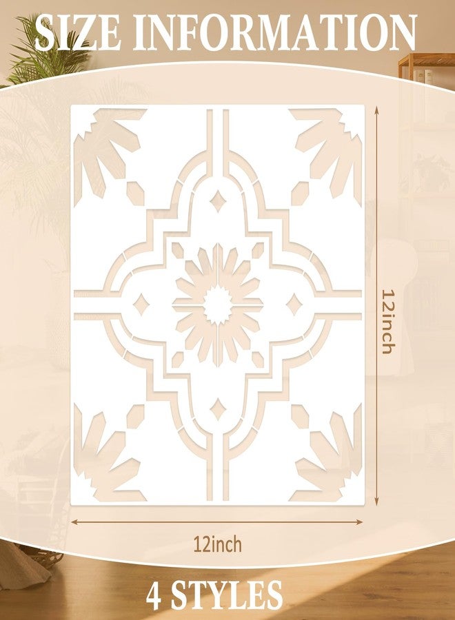 زنون قوالب بلاط قابلة لإعادة الاستخدام من زونون، 4 قطع، مقاس 12 × 12 بوصة، قوالب جدارية، قوالب رسم أنماط بلاط، قوالب لسجلات القصاصات، ديكورات الجدران والأرضيات والأقمشة (بأسلوب عصري) - Image 2