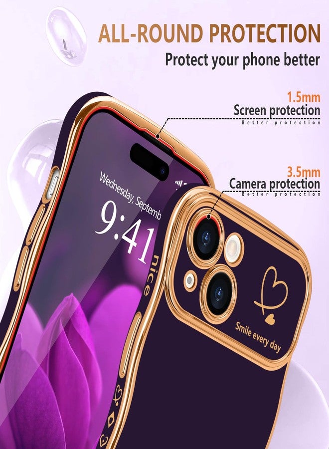 جراب LCHULLE لهاتف iPhone 15 Plus للنساء والفتيات، بتصميم مموج لطيف وشكل حلزوني مع نقش قلب، غطاء حماية بارز للكاميرا، مطلي بطلاء فاخر، مقاوم للصدمات، لون بنفسجي داكن. - Image 4