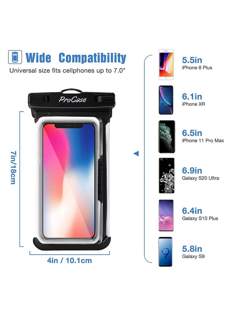 Procases Universal Waterproof Case Cellphone Dry Bag Pouch for iPhone 13 Pro Max 13 Mini, 12 11 Pro Max Xs Max XR XS X 8 7 6S Plus SE, Galaxy S20 Ultra S10 S9 S8/Note 10 9 up to 7" -2 Pack, Black - Image 3