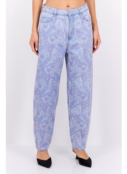 Women Balloon Leg Fit Floral Print Jeans, Lavender Combo