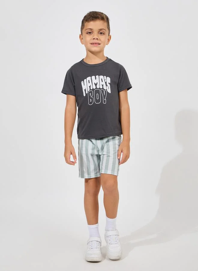 Styli Slogan Print T-Shirt & Striped Shorts Set