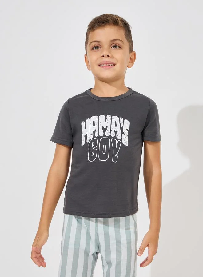 Styli Slogan Print T-Shirt & Striped Shorts Set