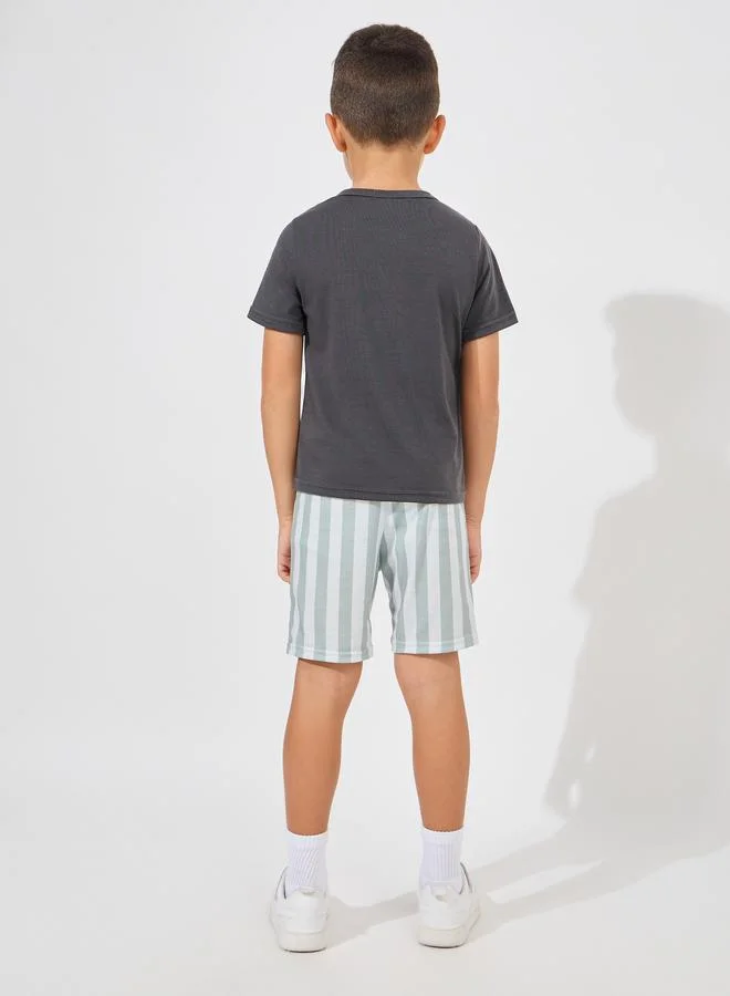 Styli Slogan Print T-Shirt & Striped Shorts Set