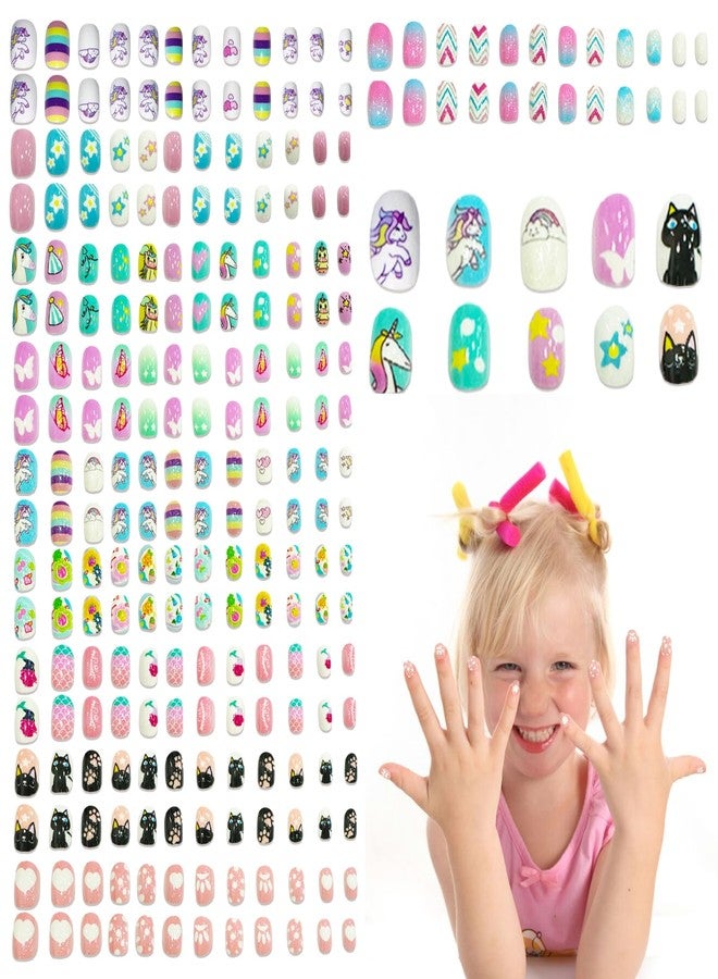 Ideal Swan 240 Pcs 10 Pack Press on Nails for Kids, False Nails Kids Press on Color Unicorn Animal, Children Acrylic Fake Nails Glue Full Cover Press on Nail Kits Set for 8-12 Year - Image 1