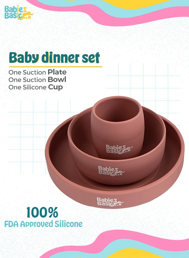 Babies Basic 5 Pc Set With Silicone Plate, Bowl, Cup And Stainless Steel Cutlery With Case - Pink